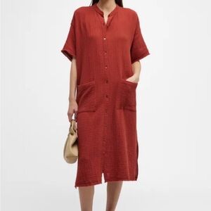 Eileen Fisher S Lagenlook Textured Rust Red button up organic cotton Midi Dress
